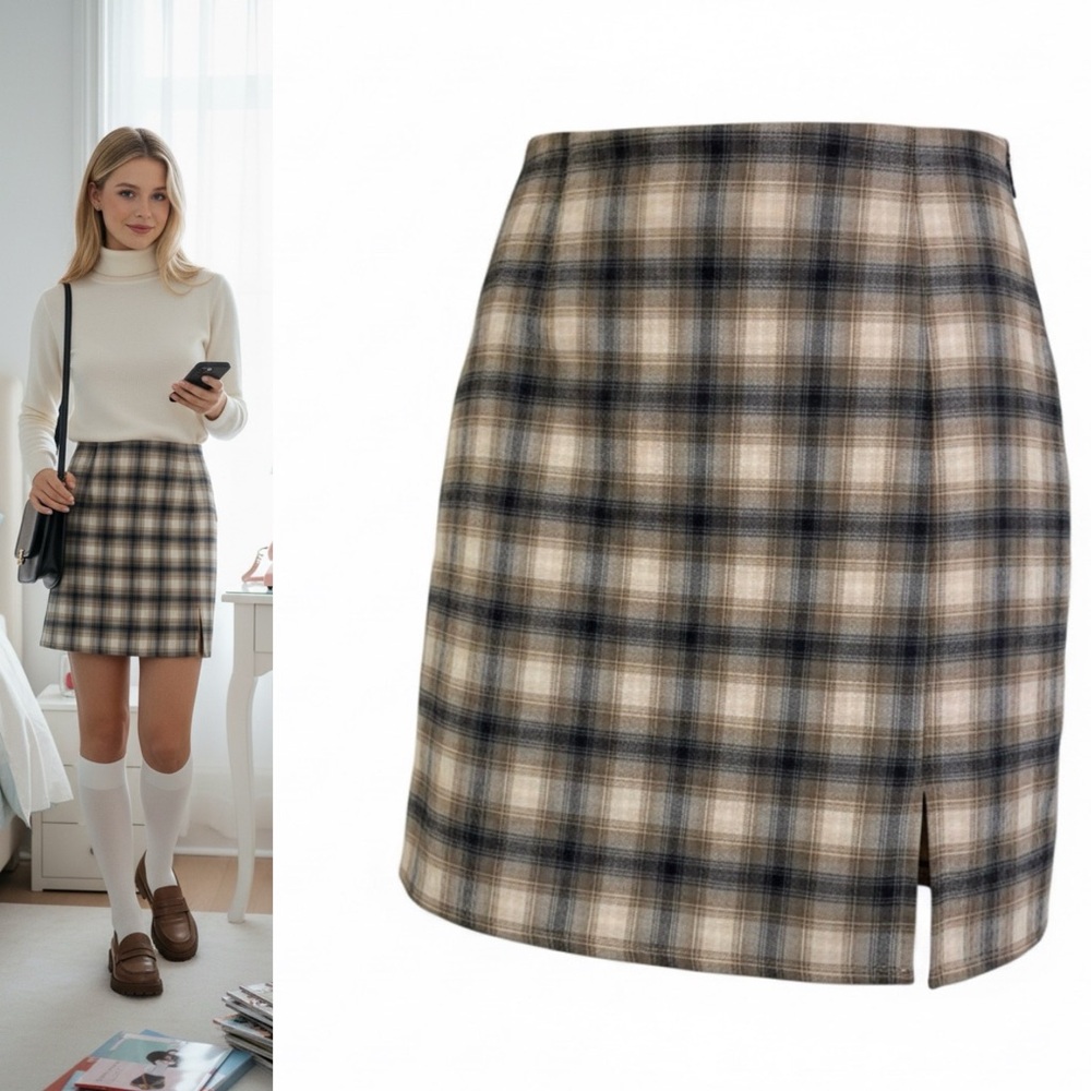 Old Navy Plaid Mini Skirt Brown Tan Academia Y2K Preppy Size Large